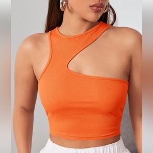 SHEIN Asymmetrical Shoulder Orange Crop Top Size Medium (6)